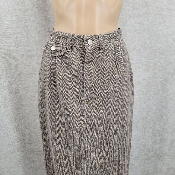 Vivaldi Jeanswear Vintage Classic Brown Herringbone Denim Midi Skirt 80s - Picture 7 of 13